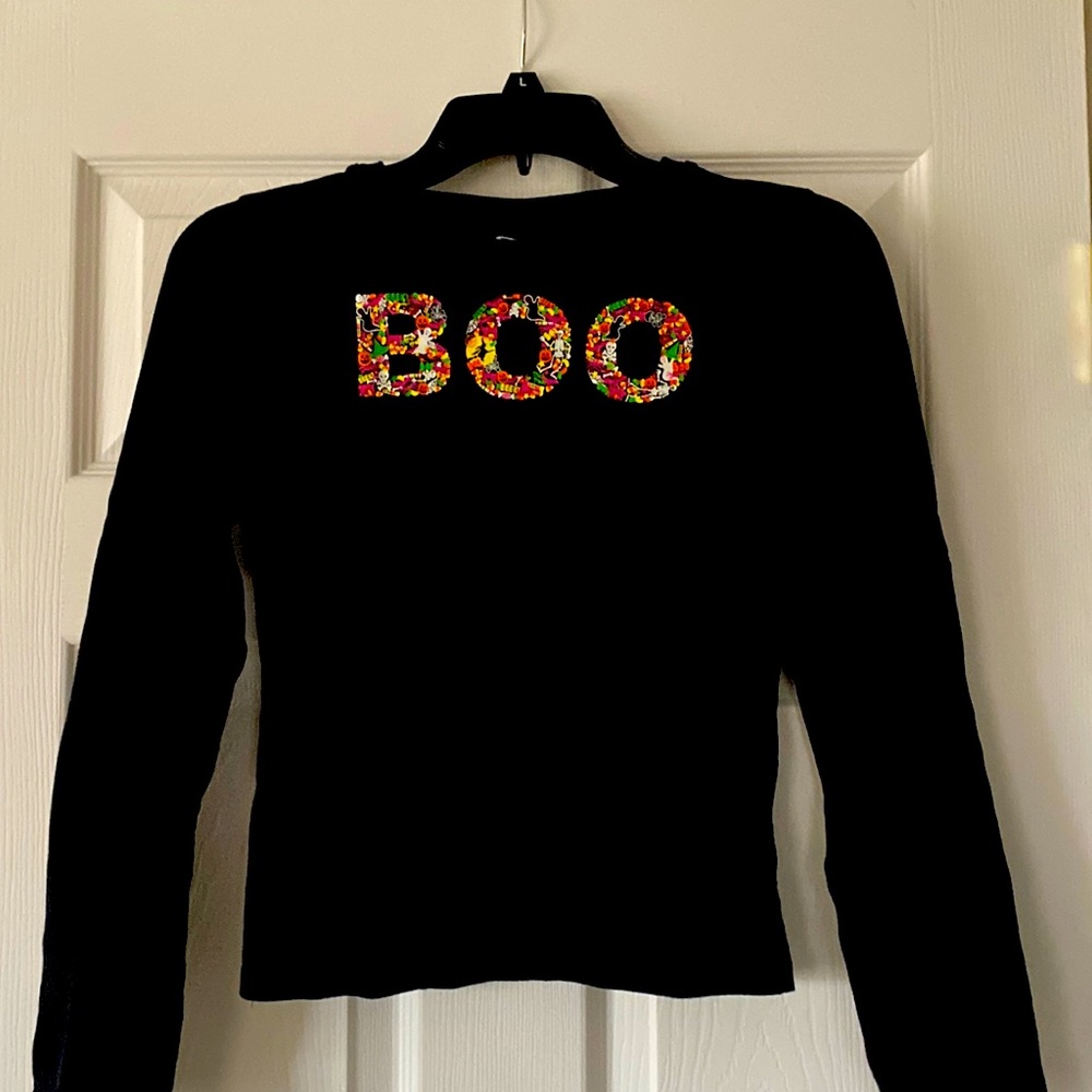 Holiday Editions Long sleeve black Halloween T-shirt that says BOO on the front